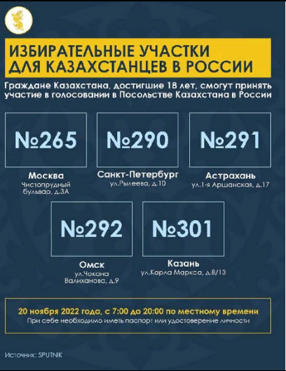 Казахстанцы смогут проголосовать на выборах президента в 5 городах России  Досрочные выборы президента Казахстана состоятся 20 ноября.