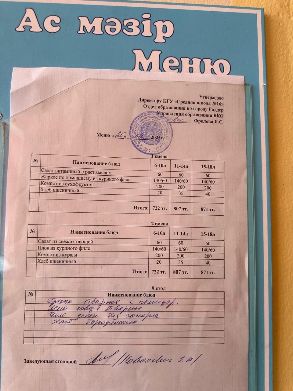 Дастархан мәзірі / Меню 25.04.2025