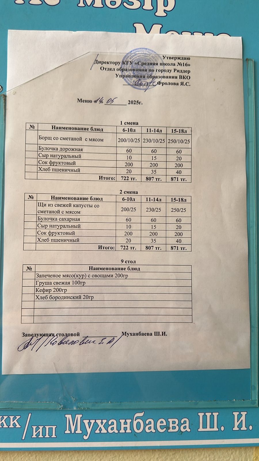 Дастархан мәзірі Меню 14.05.2025